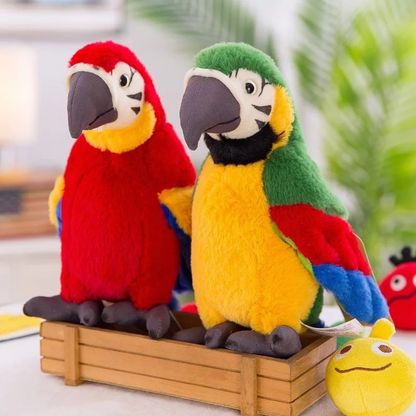 Two colorful parrot plush toys on a wooden stand with a blurred background.
