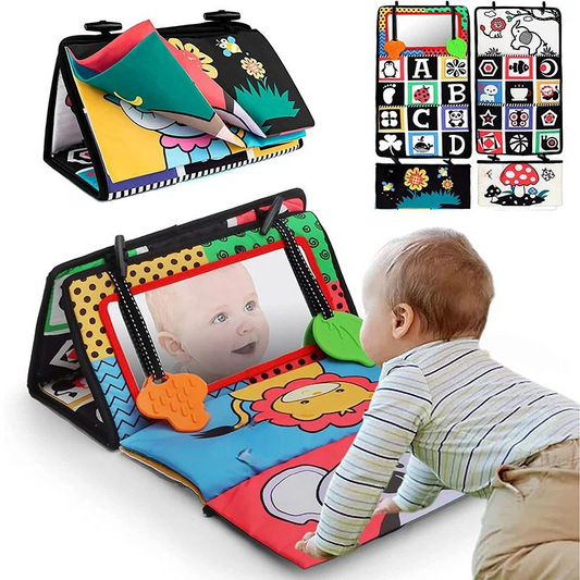 Baby playing with a colorful activity mat, with close-up insets of the mat's features.