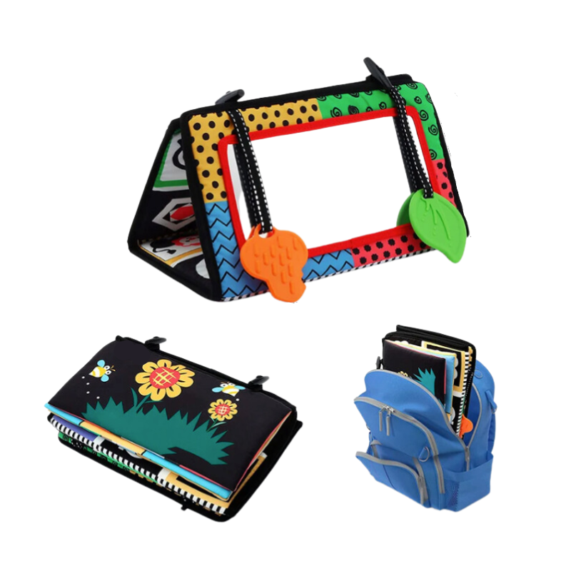 Colorful children's backpack with dimensions displayed on a white background