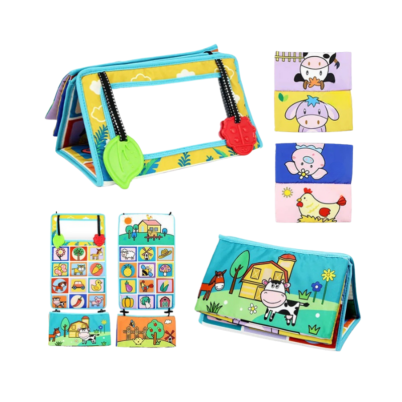 Children's educational book with colorful illustrations and interactive elements on a white background.