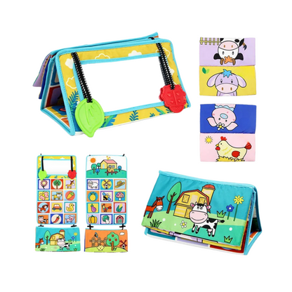 Children's educational book with colorful illustrations and interactive elements on a white background.