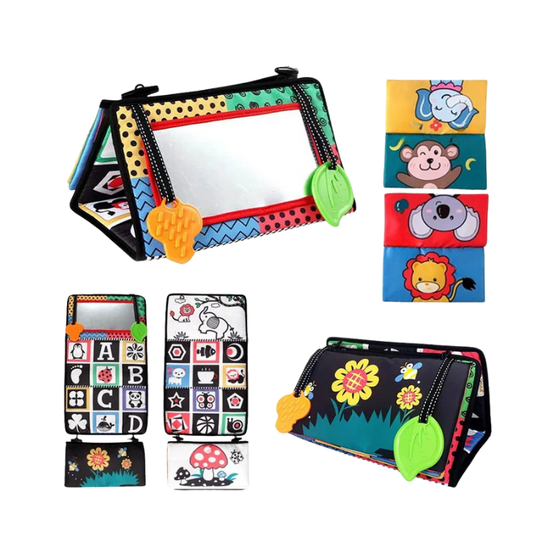 Colorful children's activity mats with various designs on a white background