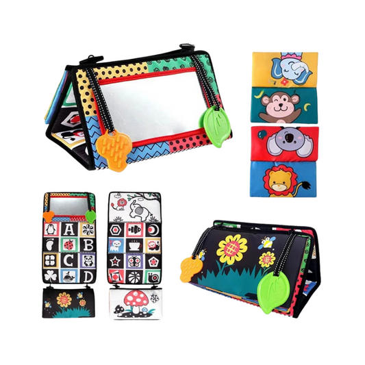 Colorful children's activity mats with various designs on a white background