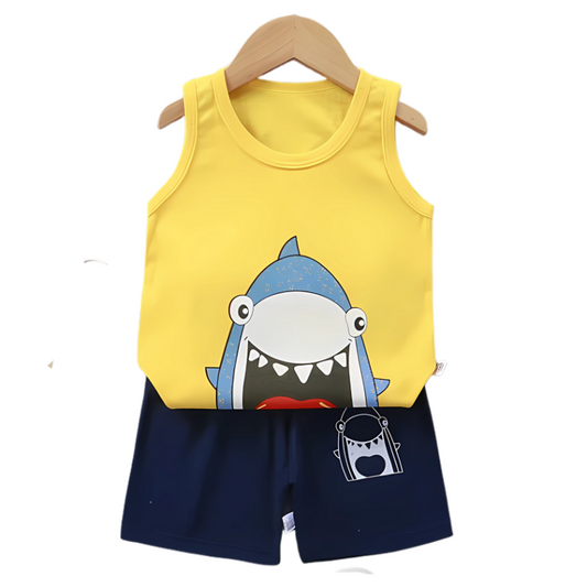Yellow tank top with shark design and navy shorts on a hanger against a white background