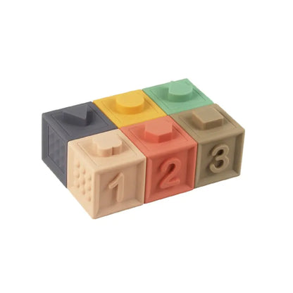 Colorful building block toy with numbers on a white background