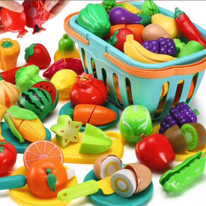 SliceJoy, Colorful toy fruits, vegetables, and a basket on a white background