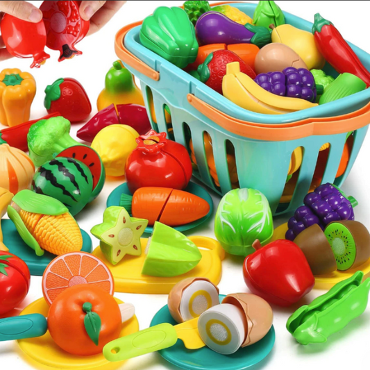 SliceJoy, Colorful toy fruits, vegetables, and a basket on a white background