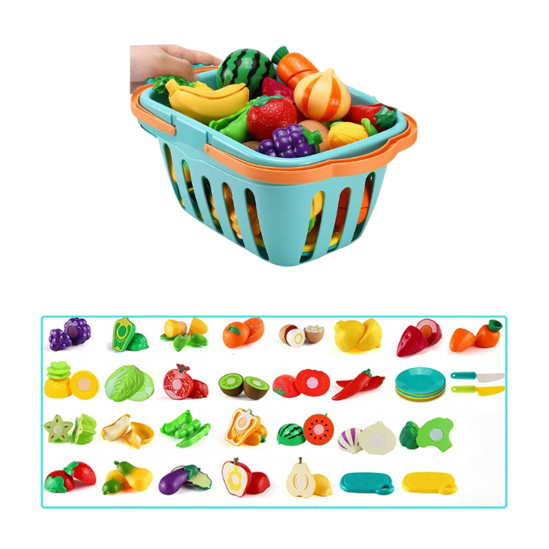 Toy basket with fruits and vegetables and a chart below showing names and illustrations of each item.