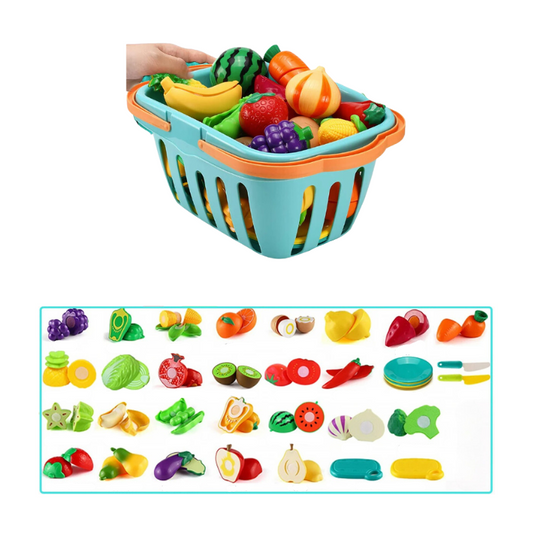 Toy basket with fruits and vegetables and a chart below showing names and illustrations of each item.