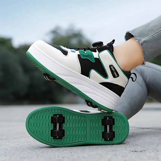 Green and black sneakers with wheels on a blurred outdoor background