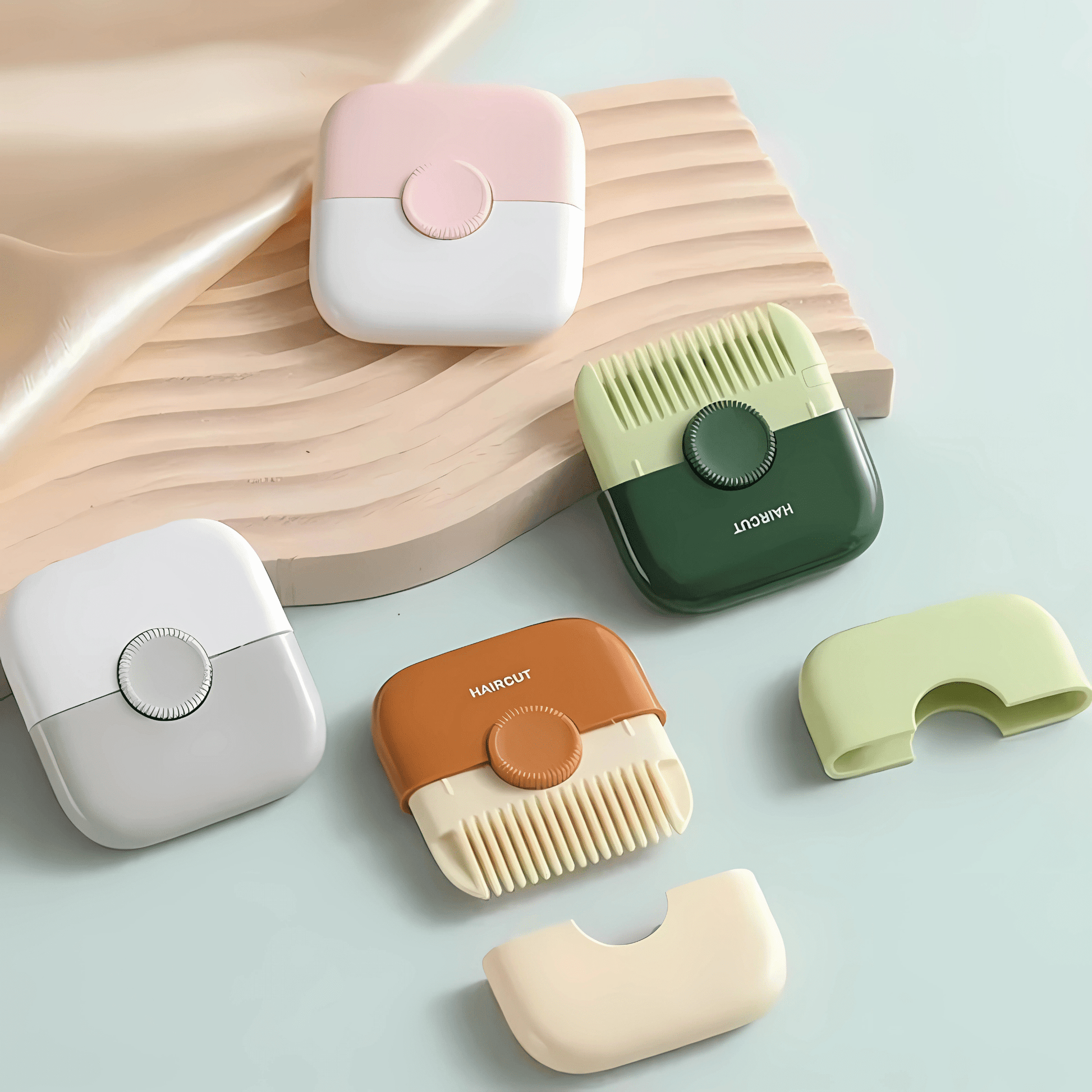 Set of small grooming tools including a pink and white device, green and brown comb, and beige and white clip on a light blue background.
