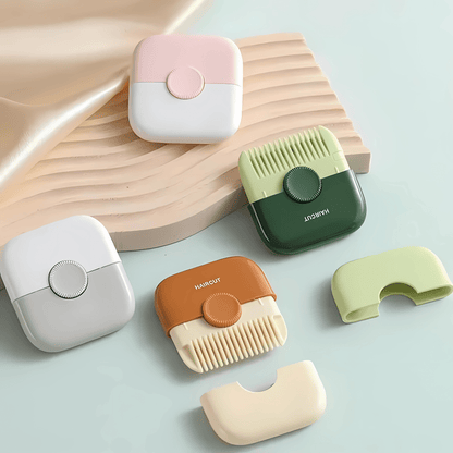 Set of small grooming tools including a pink and white device, green and brown comb, and beige and white clip on a light blue background.