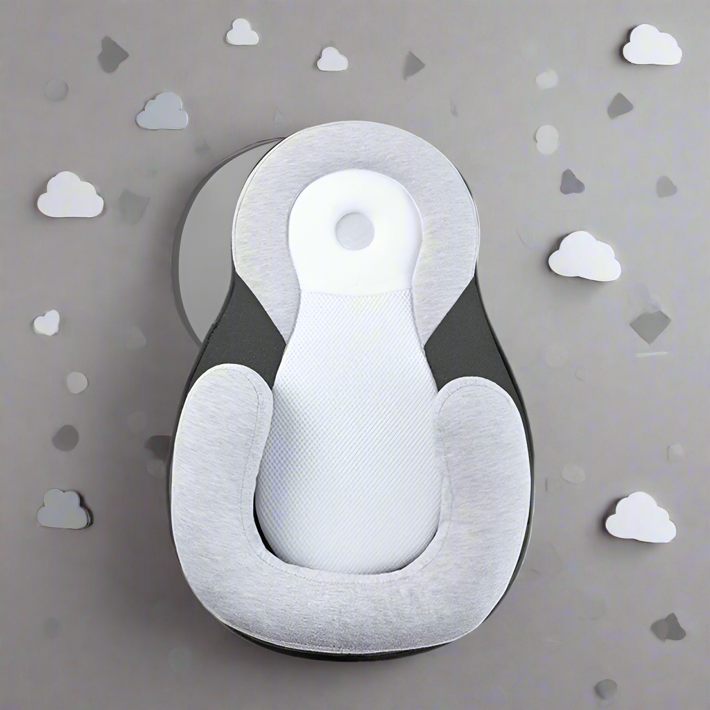 Gray baby Lounger with cloud and triangle icons on a light gray background