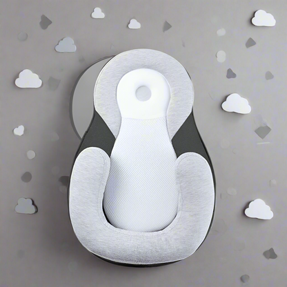 Gray baby Lounger with cloud and triangle icons on a light gray background