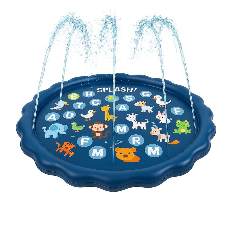 Children's play mat with water sprays and alphabet letters on a blue background