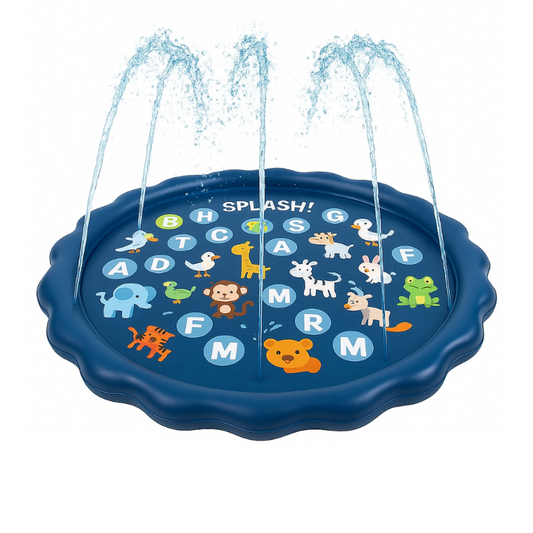 Children's play mat with water sprays and alphabet letters on a blue background