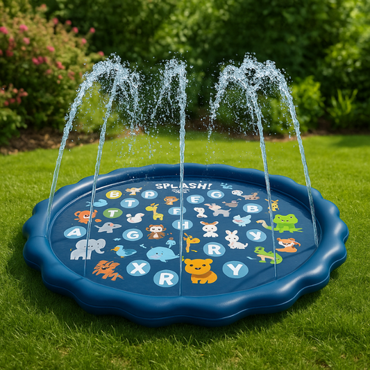 SplashZone, Children's inflatable water play mat with letter and animal prints on a grassy area.
