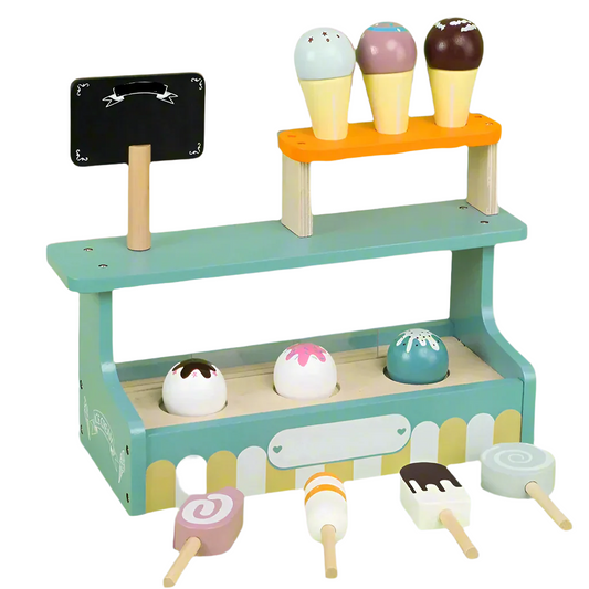 Wooden toy ice cream stand with ice cream cones and popsicles on a white background