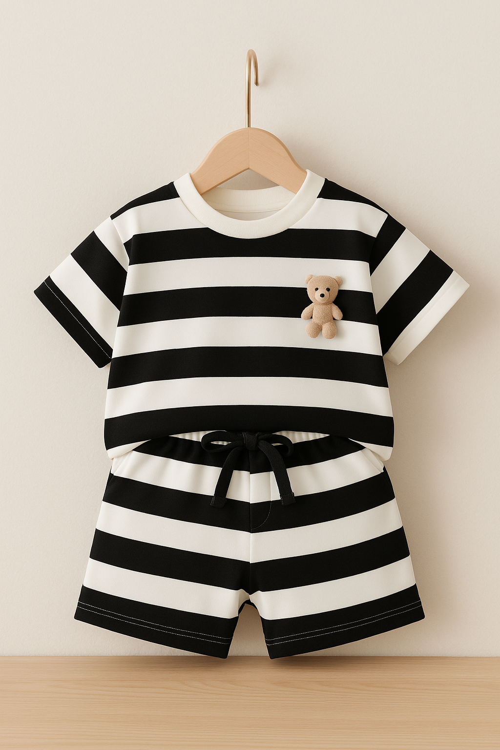 Black and white striped outfit with a teddy bear on a wooden hanger against a beige wall.