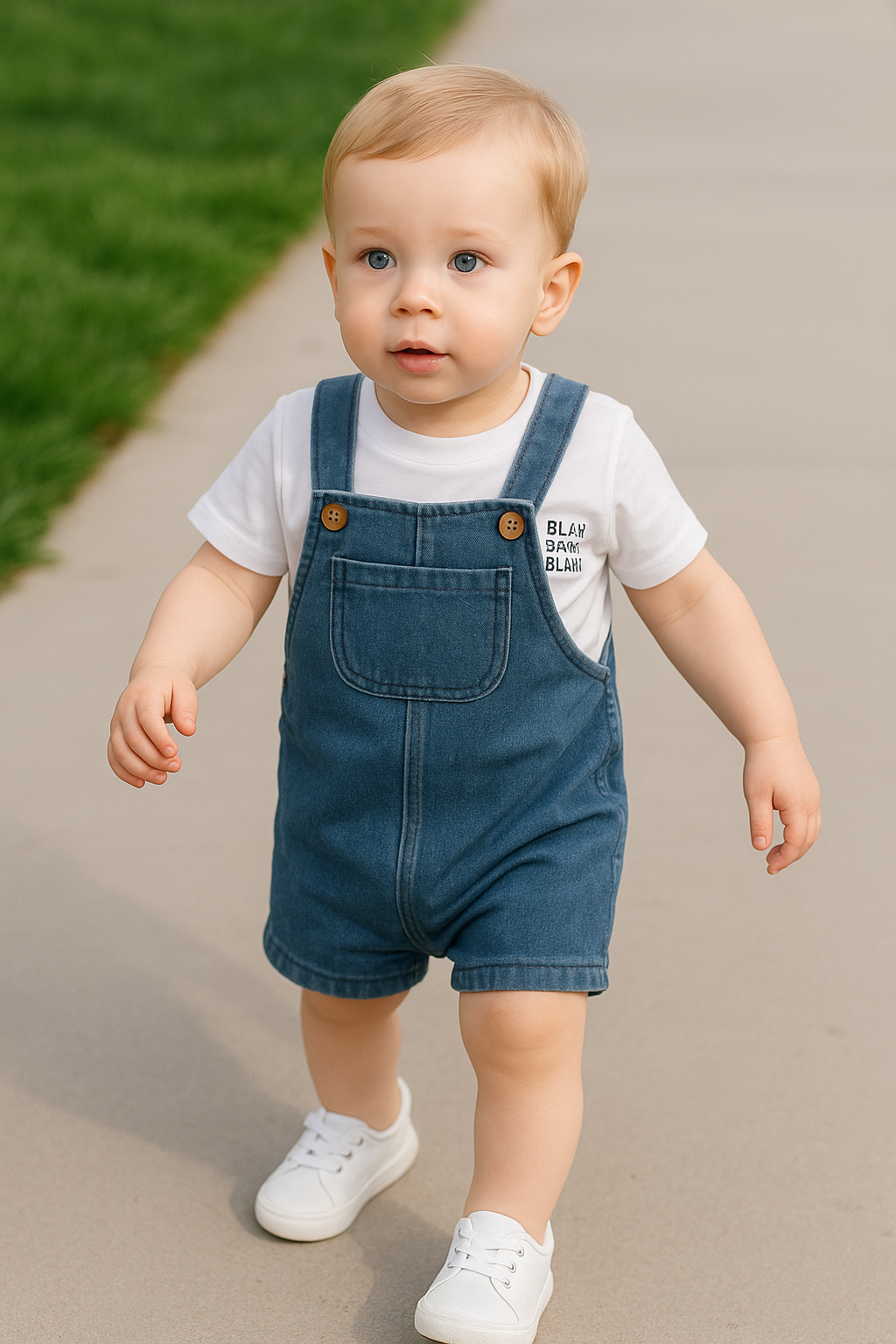 Baby wearing blue denim overalls and white sneakers on a beige surface.