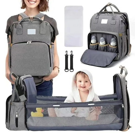 Mother carrying Trekaroo backpack  and baby showcasing use, unfolded into a sleeping cot, showcasing comfort and practicality.
