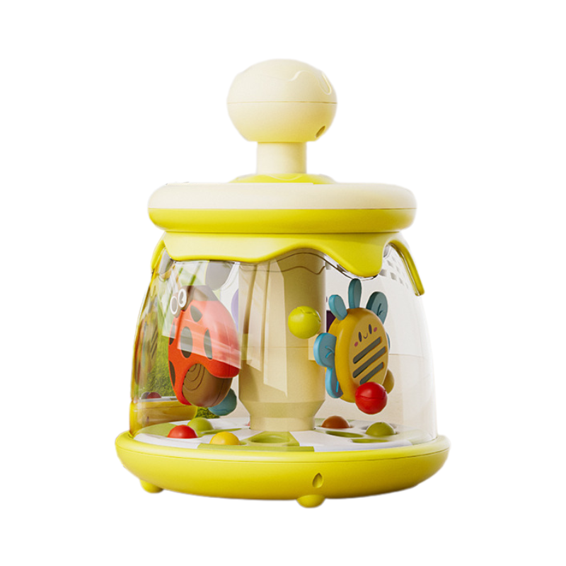 Lime green baby toy towerwith transparent dome and colorful elements on a white background