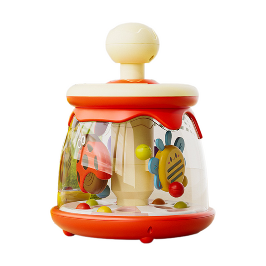 Colorful baby toy with various shapes and textures on a white background