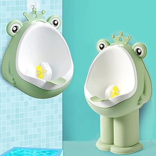 Two frog-shaped children's urinals against a light blue tiled wall.