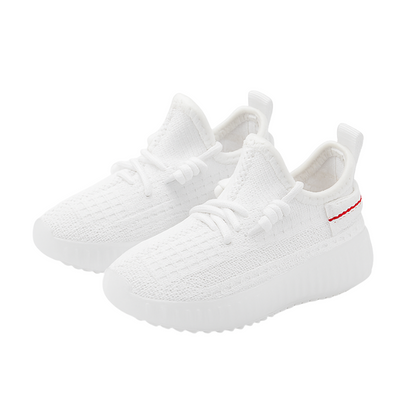 White coloured knit sneakers on a white background