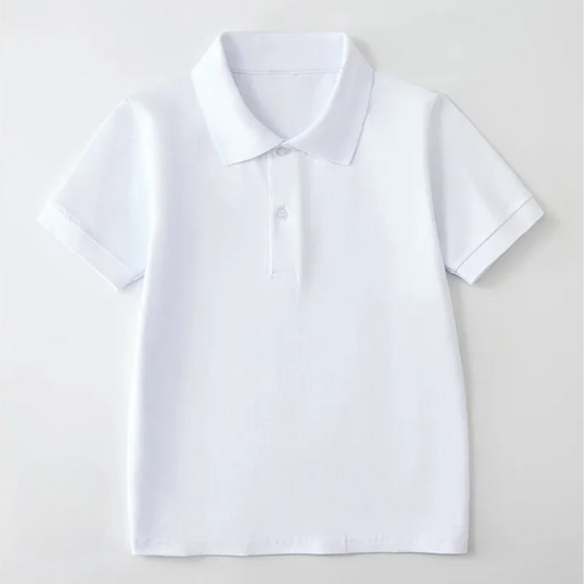 White polo shirt with short sleeves on a light gray background
