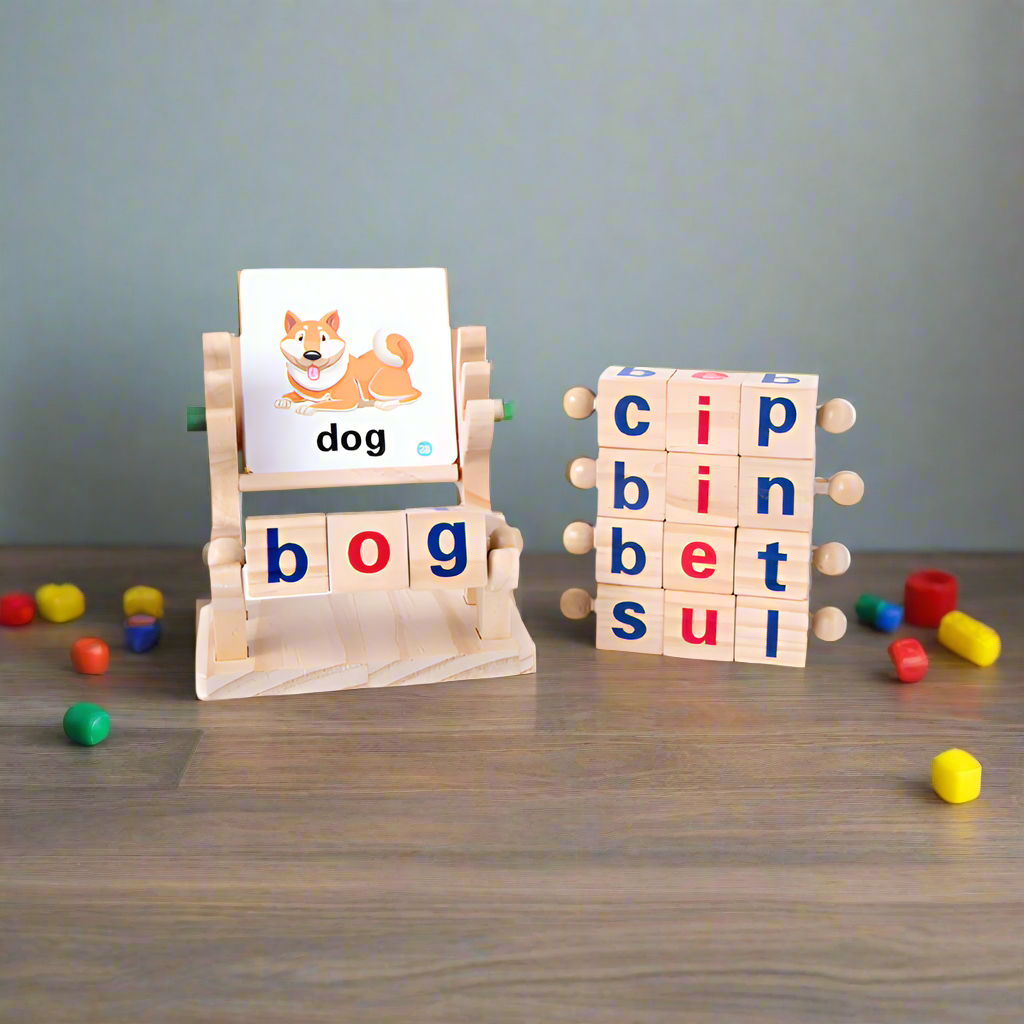Wordsmith Wooden letter blocks with a stand and measurements on a white background