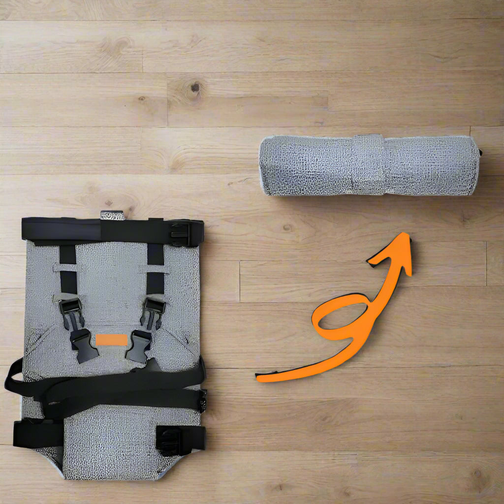 Folded MeToo High Chair showing compact, lightweight design for easy travel and storage.