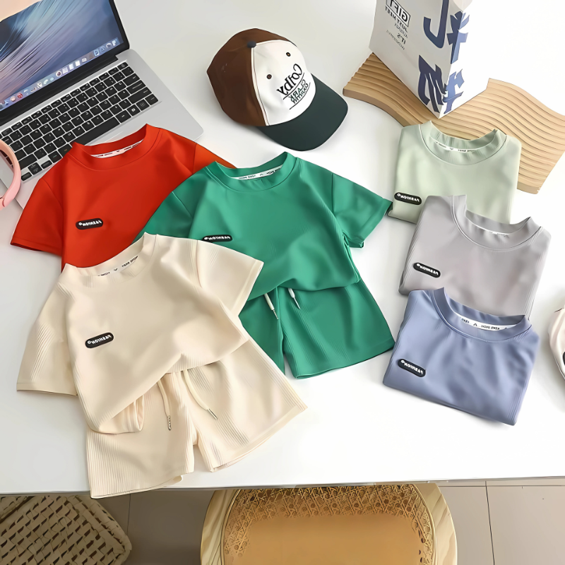 Collection of colorful t-shirts on a table with a laptop and cap.
