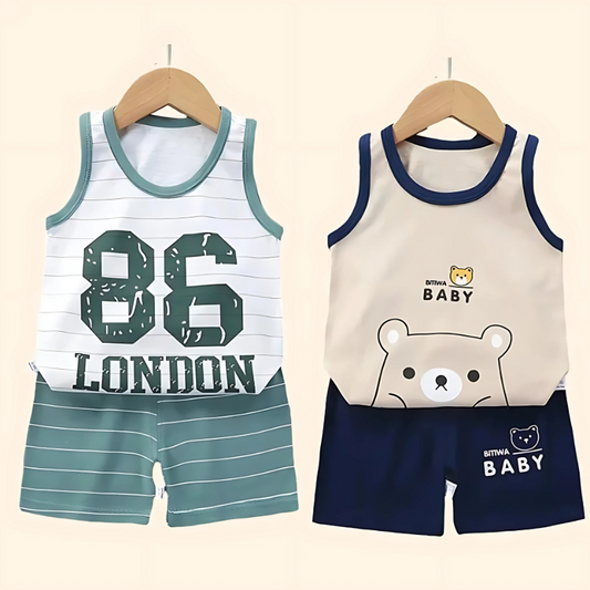 Two children's sleeveless tops and shorts sets on hangers with '86 London' and 'Baby Bear' designs.